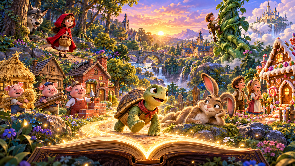 An enchanted storybook world with the Tortoise and the Hare, Three Little Pigs, Red Riding Hood, Hansel and Gretel, and Jack and the Beanstalk.