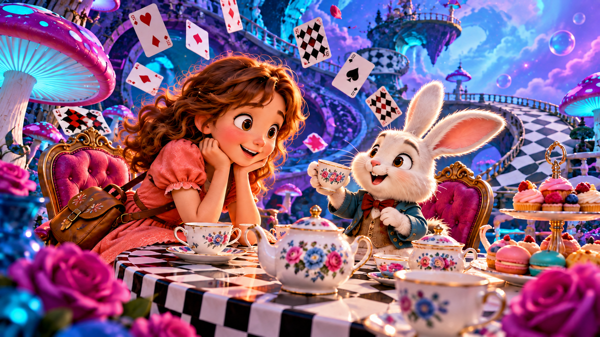 Alice and the White Rabbit at a vivid Wonderland tea party on a checkerboard terrace.