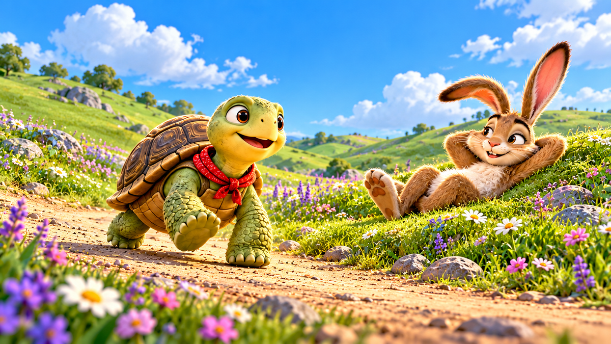 A tortoise and hare in a bright green open meadow beneath a blue sky.