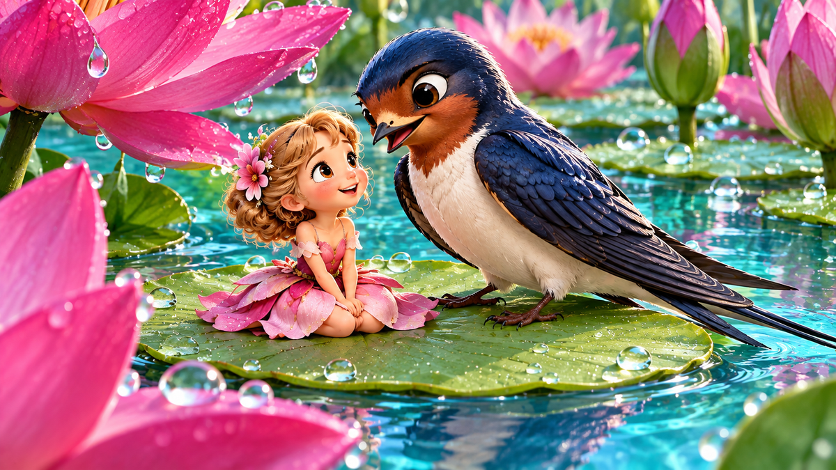 Thumbelina and a swallow among giant pink petals and lily pads on a turquoise pond.