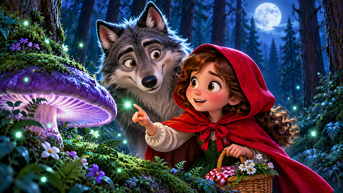 Red Riding Hood and a friendly wolf in a blue moonlit forest with a purple mushroom and fireflies.