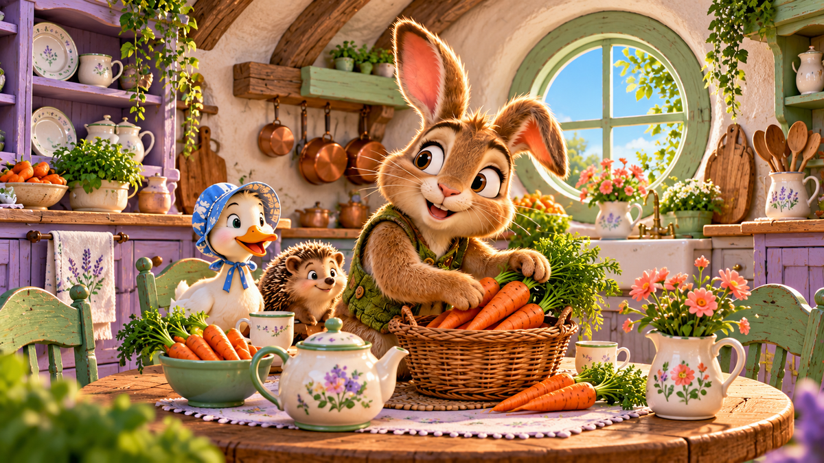 A rabbit in a green waistcoat shares a cozy kitchen with a duck and hedgehog, beside lavender cabinets and a round window.