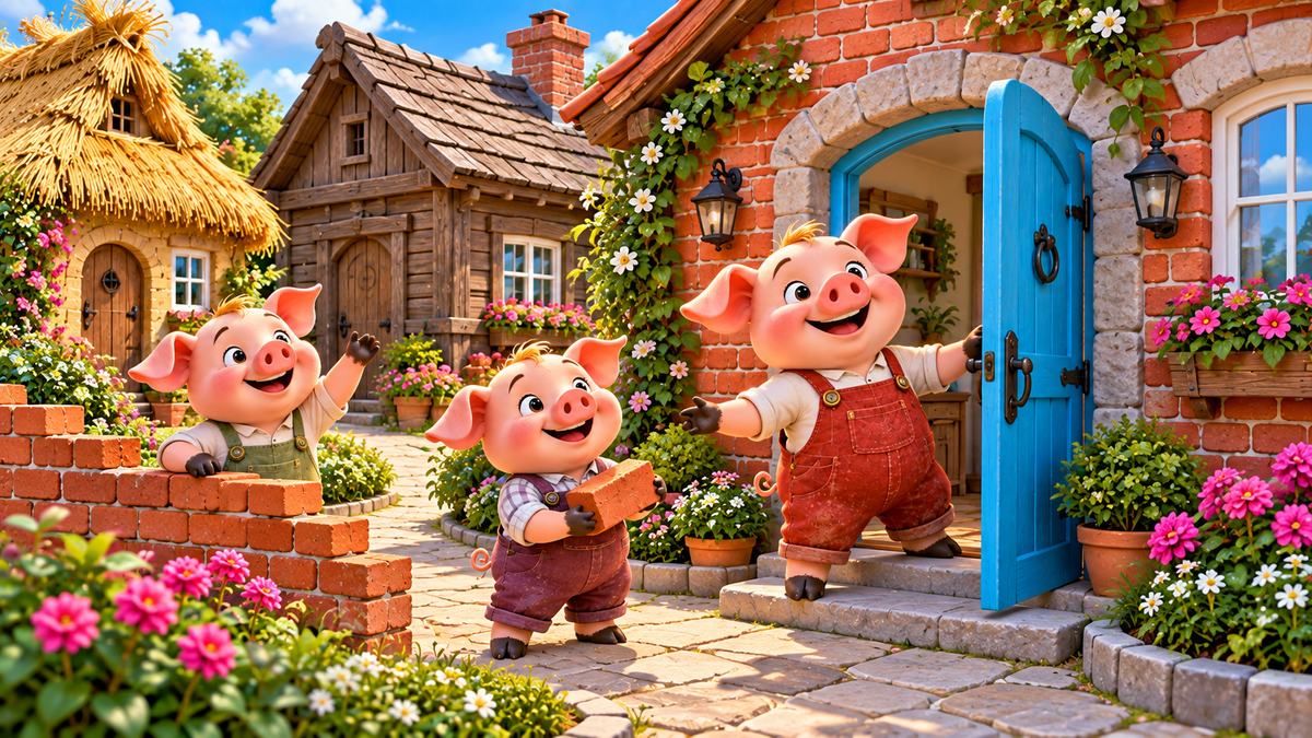 Three cheerful pigs in a colorful village courtyard with red brick, timber, and straw houses.