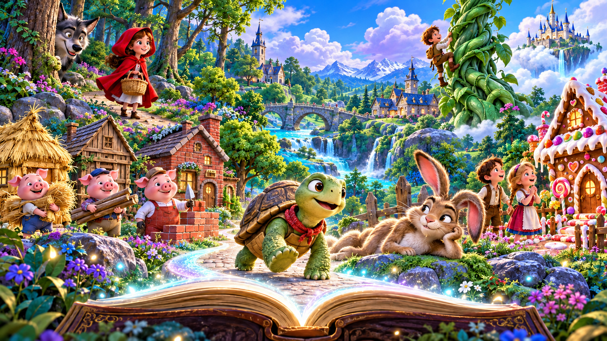 An enchanted storybook world with a tortoise and hare, three little pigs, a woodland cottage, and a beanstalk rising toward a castle.